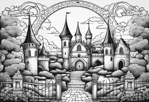 sky medieval town garden with towers small houses gate entrance clouds
 in rounded vignette tattoo idea