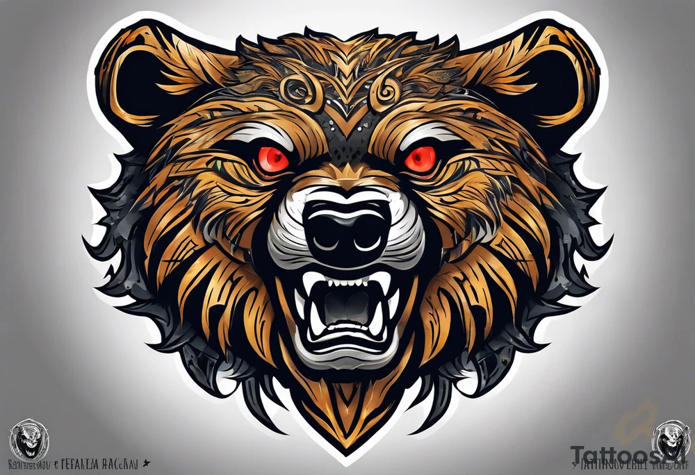 A tattoo designed for the knee, featuring the face of a feral bear with wild, exaggerated features, such as sharp fangs, intense eyes, and a snarling expression. The design incorporates large areas of white space for contrast, with beams of light or energy radiating outward from the beast’s eyes in a chaotic and powerful pattern. The overall look should be bold and primal, with flowing lines that adapt naturally to the curvature of the knee. tattoo idea