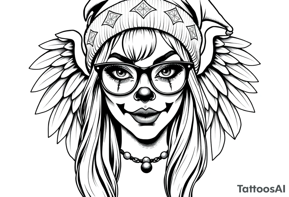 Clown Girl eye glasses long hair
Thug Beanie Angelic Wings tattoo idea