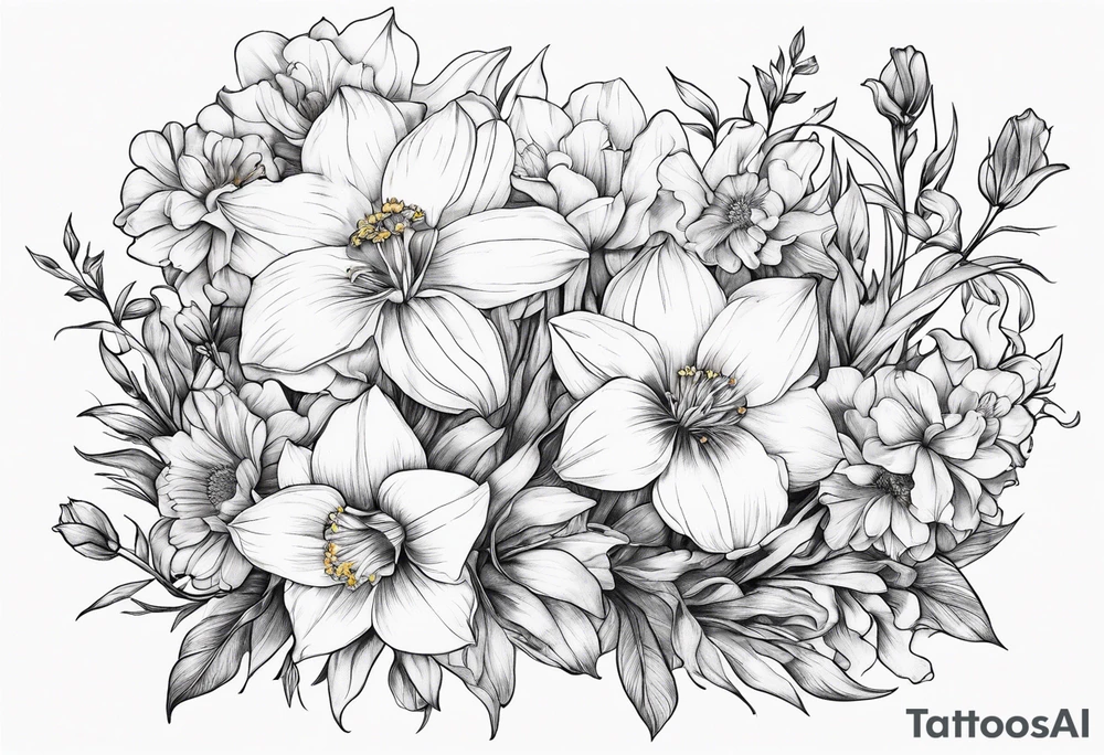 Dainty tiny fine line 
Bouquet Held together with a bow:
DAFFODIL
JONQUIL
ASTER
MORNING GLORY tattoo idea