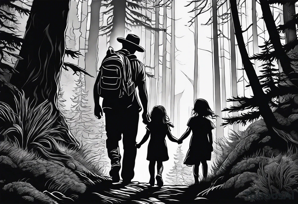 A shadow of a Man and Woman and young son and young daughter  walking through the Pacific Northwest Forrest. Religious tattoo idea