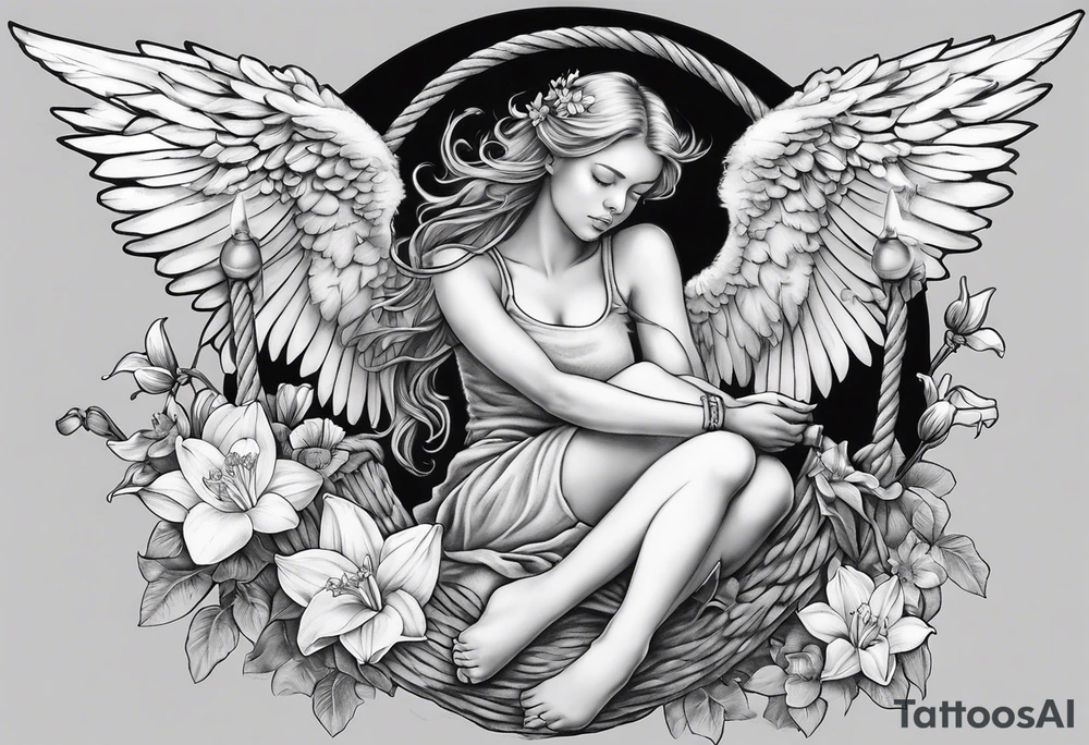 sad angel on swing with sagging wings, with head down surrounded by lily, daffodil, rose, daisy, narcissus tattoo idea
