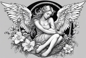 sad angel on swing with sagging wings, with head down surrounded by lily, daffodil, rose, daisy, narcissus tattoo idea