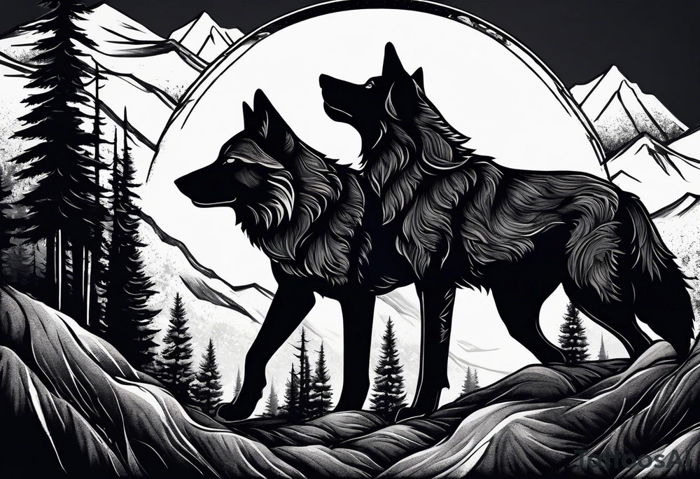 Half sleeve
Peaks of mountains with a moon behind it
Dark woods below the mountains with a narrow trail with two wolves on bottom of the trails tattoo idea