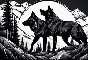 Half sleeve
Peaks of mountains with a moon behind it
Dark woods below the mountains with a narrow trail with two wolves on bottom of the trails tattoo idea