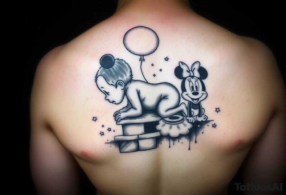 Babyboy crawling up to gods stairway to heaven surrounded wit baby mickey mouse and baby Minnie mouse baby winnie the poo tattoo idea