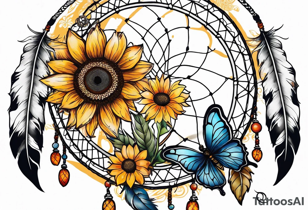 Dream catcher with sunflower in back ground with butterflies tattoo idea