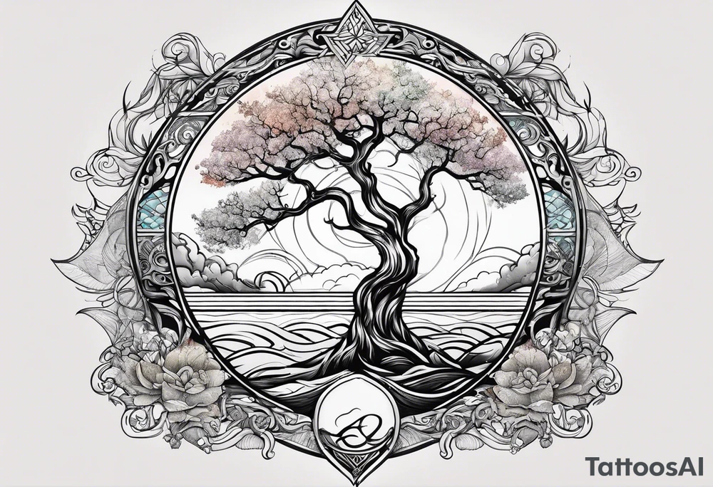 calm sea and Yggdrasill tattoo idea