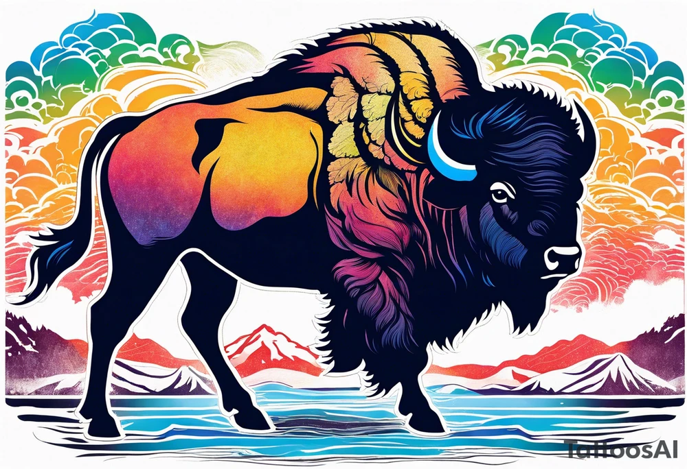 bison silhouette with grand prismatic spring colors tattoo idea