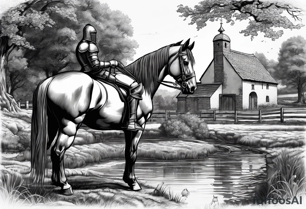 a knight kneeling with an old farm in the background and horses in the netherlands and a swimmingpool tattoo idea