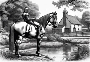 a knight kneeling with an old farm in the background and horses in the netherlands and a swimmingpool tattoo idea
