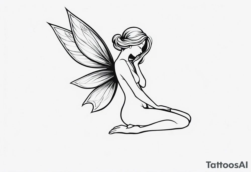 Minimalistic, monochromatic fairy with a tail flying to the left in a fetal position, leaning and looking in the same direction, with visible hands, embodying the 'Fairy Tail' logo aesthetic. tattoo idea