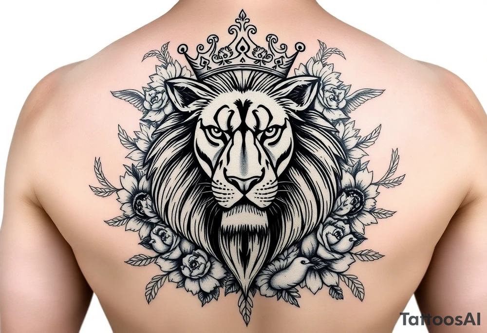 powerful majestic lion with a crown, surrounded by floral oranaments and birds tattoo idea