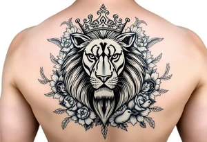 powerful majestic lion with a crown, surrounded by floral oranaments and birds tattoo idea