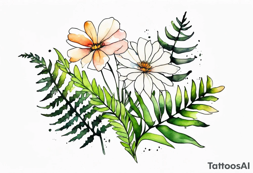 Three wild flowers with ferns all watercolor tattoo idea