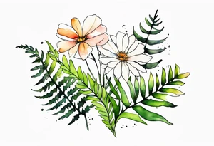 Three wild flowers with ferns all watercolor tattoo idea