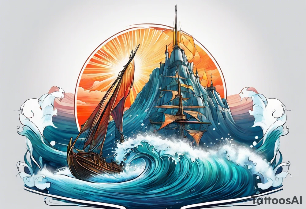 Trident with Atlantis backdrop tattoo idea