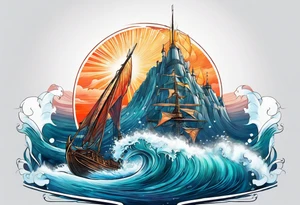 Trident with Atlantis backdrop tattoo idea