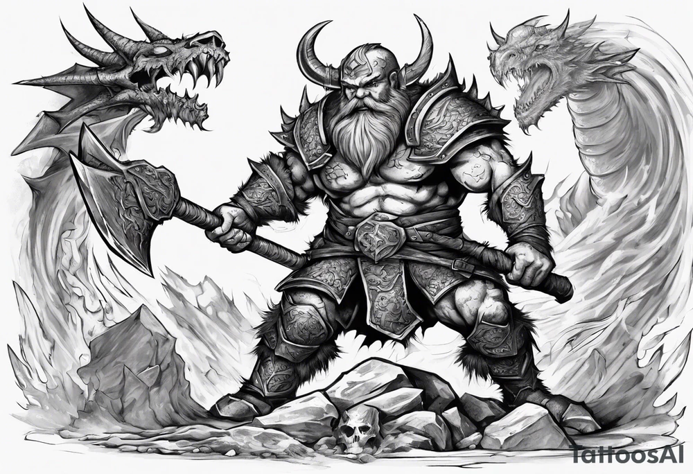 dwarven warrior with a war axe fighting against a dragon in the pit of hell tattoo idea
