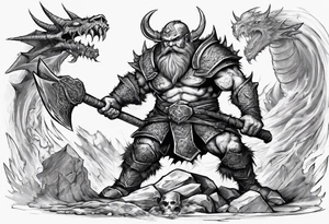 dwarven warrior with a war axe fighting against a dragon in the pit of hell tattoo idea
