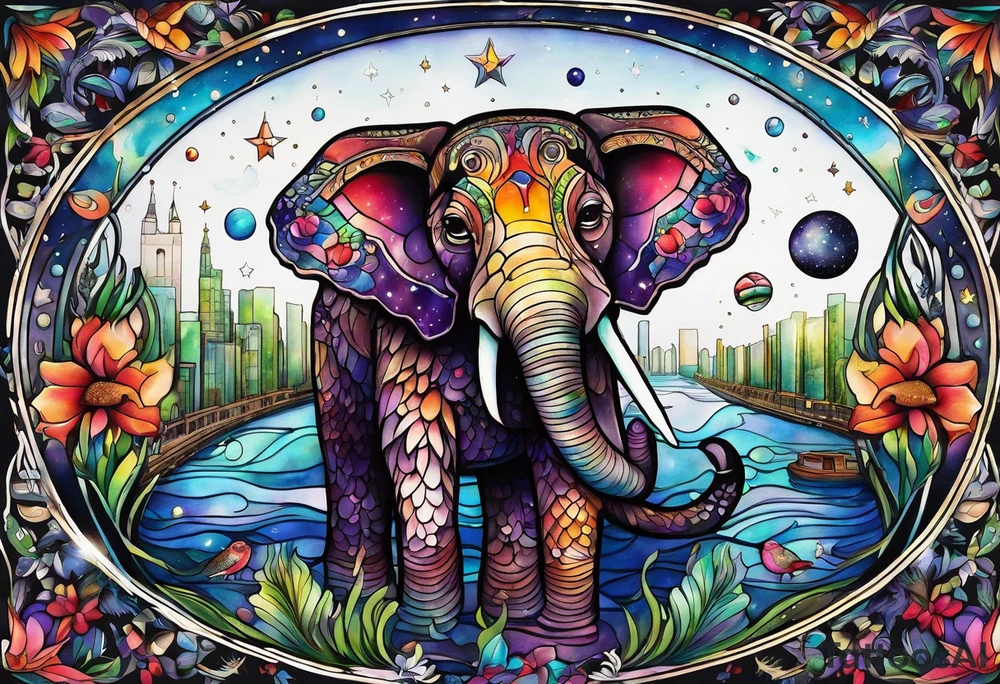 Glass animals and wildlife in Amsterdam canal in space featuring galaxy colours featuring Animals made from glass tattoo idea