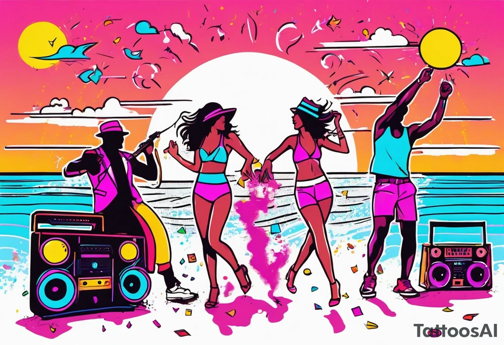 1980's miami vice style beach dance 
party, include confetti, music notes, boom box, bikinis sunset in the center tattoo idea