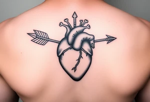 anatomical heart pierced by ornate arrow with flowing ribbons tattoo idea
