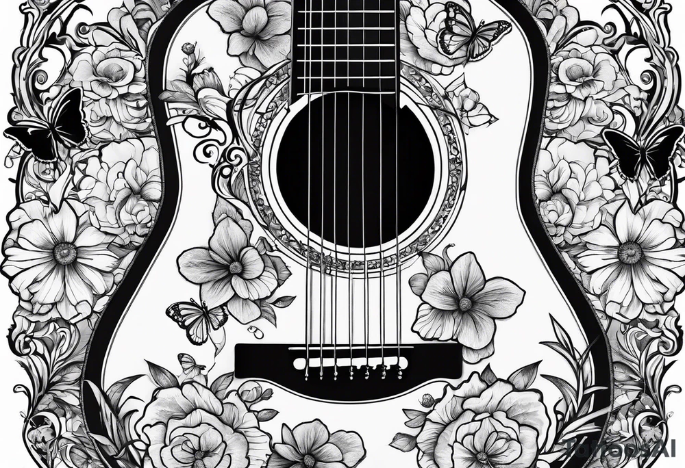 Single electric acoustic Guitar in shape with flowers growing off the side, butterflies tattoo idea