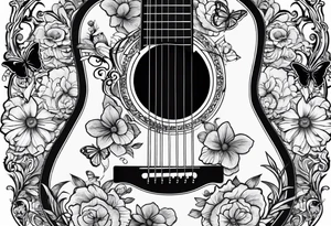 Single electric acoustic Guitar in shape with flowers growing off the side, butterflies tattoo idea