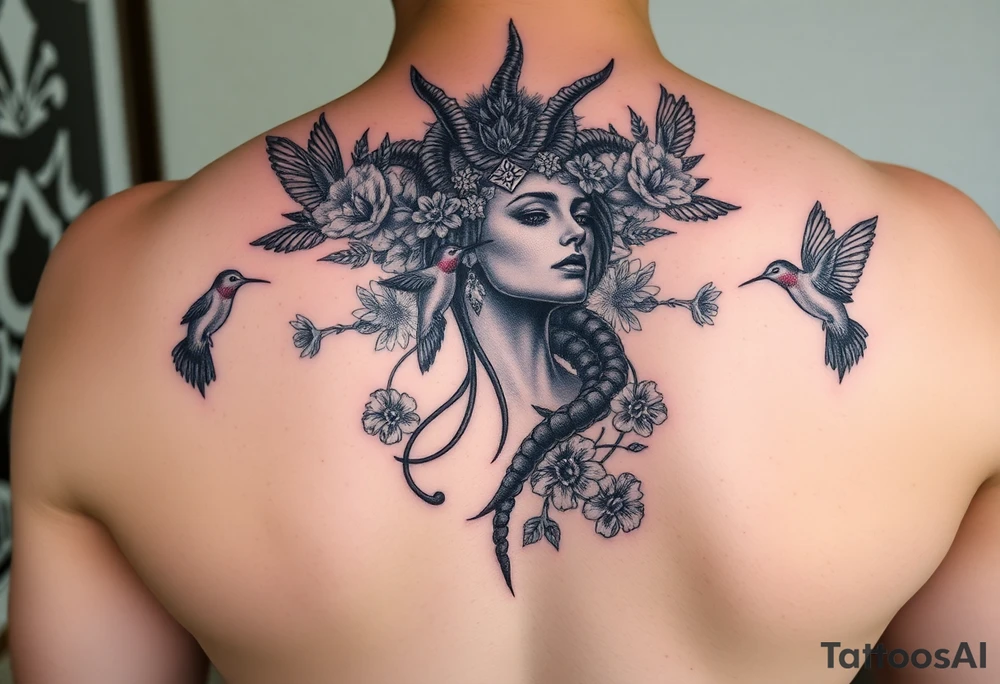 feminine medusa surrounded by hummingbirds and flowers tattoo idea