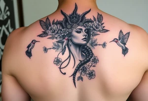 feminine medusa surrounded by hummingbirds and flowers tattoo idea