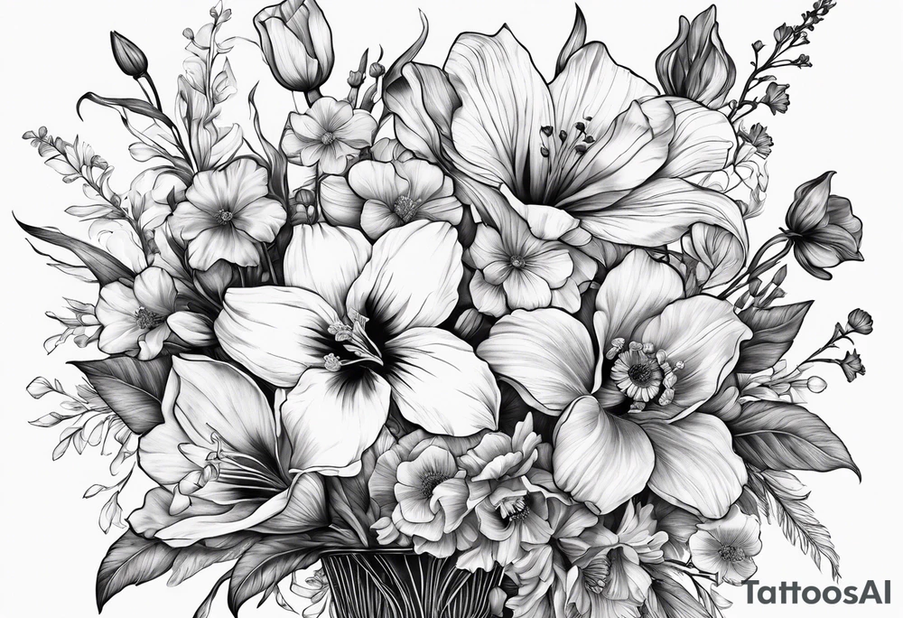 Tied flower bouquet with Violet, Daffodil, Gladiolus, Poppy, Cosmos tattoo idea