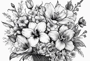 Tied flower bouquet with Violet, Daffodil, Gladiolus, Poppy, Cosmos tattoo idea