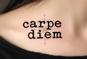 Typewriter-style black font "carpe diem" with a faint sepia-toned compass in the background. tattoo idea