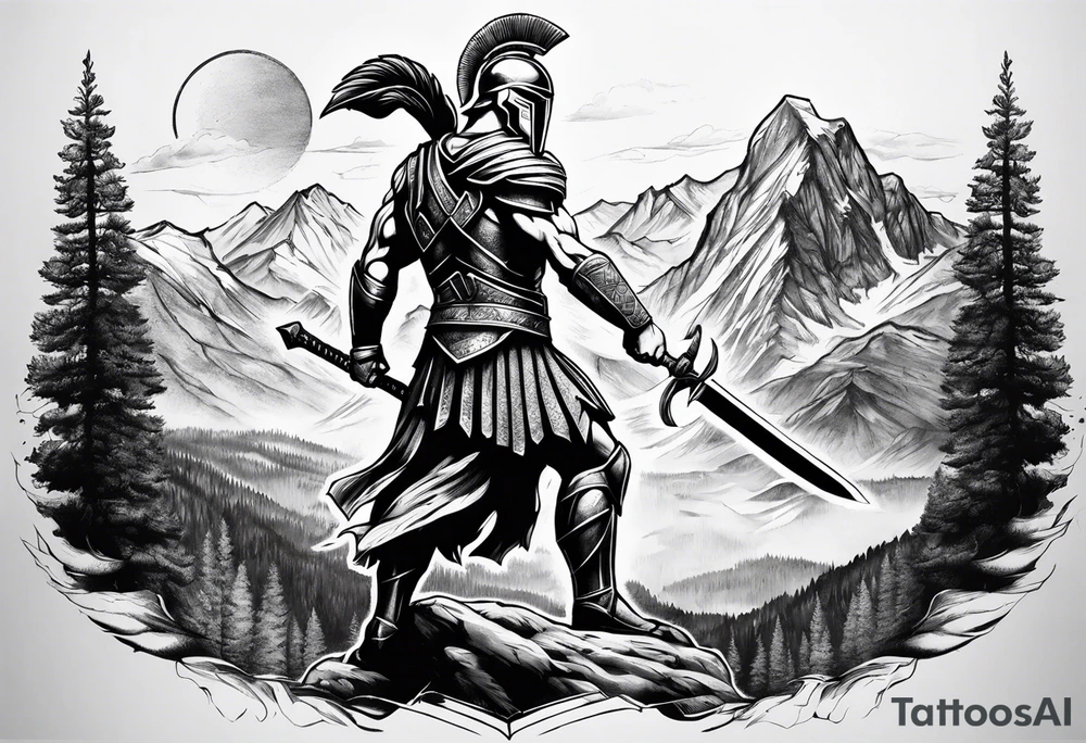 Spartan Warrior Wielding A Sword Surrounded By Mountains Tattoo Idea tattoo idea