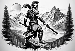 Spartan Warrior Wielding A Sword Surrounded By Mountains Tattoo Idea tattoo idea