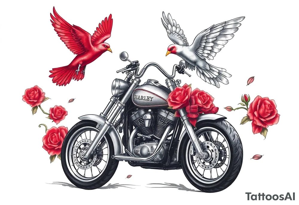 Harley grey motorcycle driving away, two red birds flying, roses, flames, angel wings tattoo idea