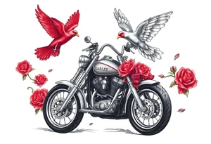 Harley grey motorcycle driving away, two red birds flying, roses, flames, angel wings tattoo idea