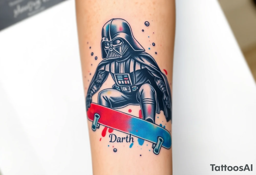 Darth Vader skateboarding >
blue & red
skateboard words "Darth Carter"
add date 12/29/88-01/06/24 tattoo idea