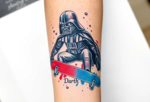 Darth Vader skateboarding >
blue & red
skateboard words "Darth Carter"
add date 12/29/88-01/06/24 tattoo idea