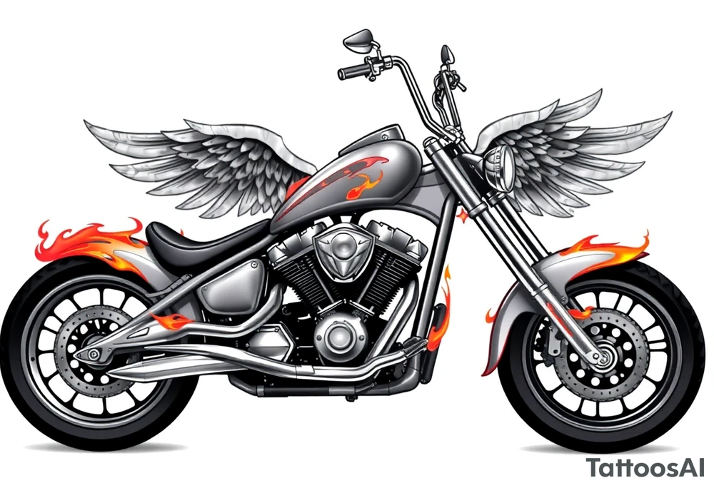 Low rider grey motorcycle, flames, angel wings tattoo idea