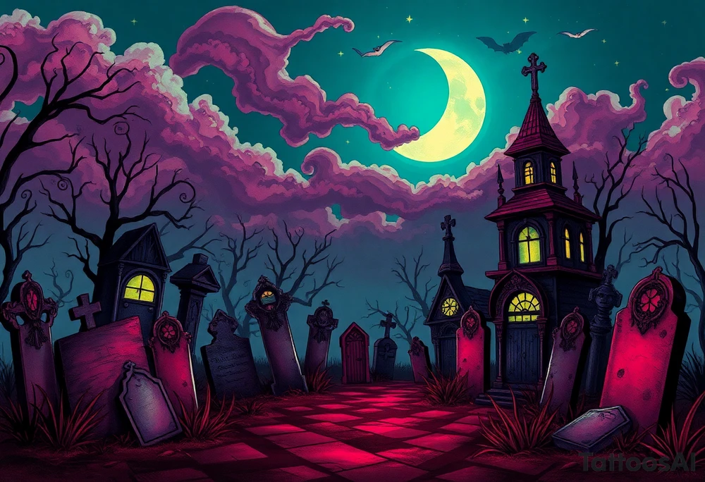 Tim Burton’s haunted victorian graveyard is abandoned and dripping with muted reds, dusty pinks, and eerie green glow.purple and cyan smokey clouds swirl in the crescent moonlit sky thats sprinkled with stars tattoo idea tattoo idea