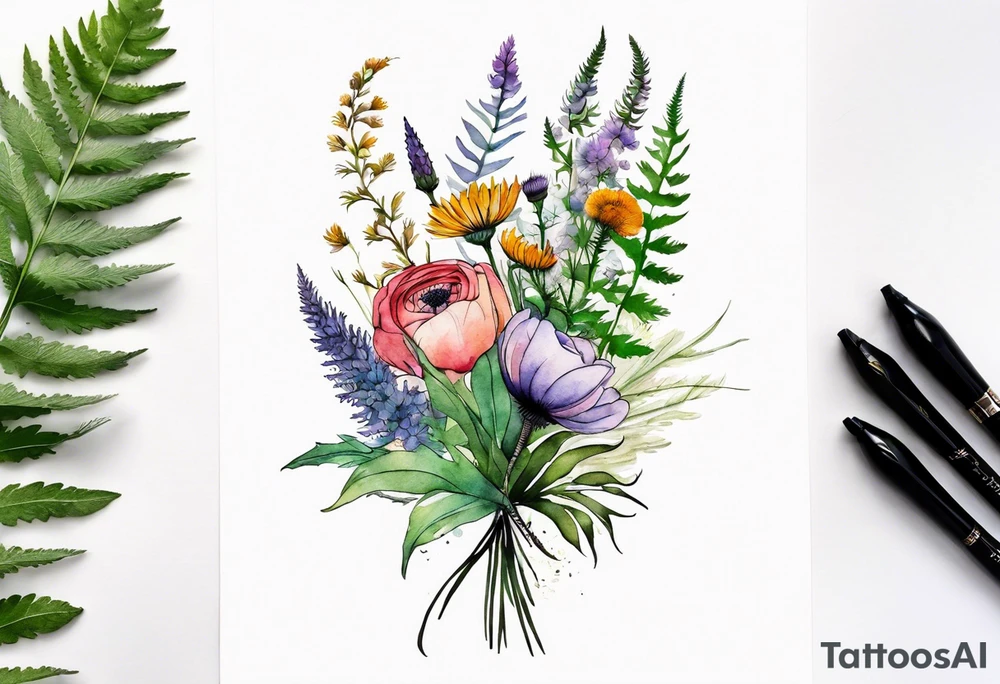 vertical mixed wildflower bouquet with ferns, ranunculus, thistle and with watercolor tattoo idea