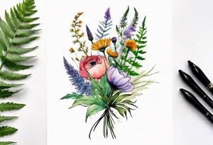 vertical mixed wildflower bouquet with ferns, ranunculus, thistle and with watercolor tattoo idea