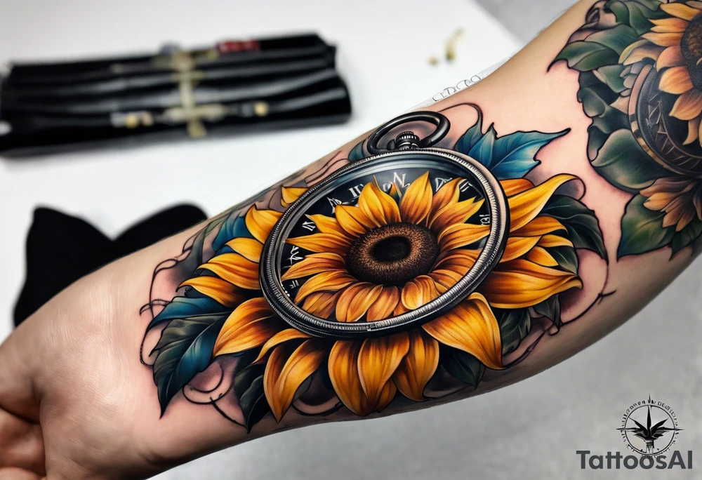 Sunflower next to a compass tattoo idea