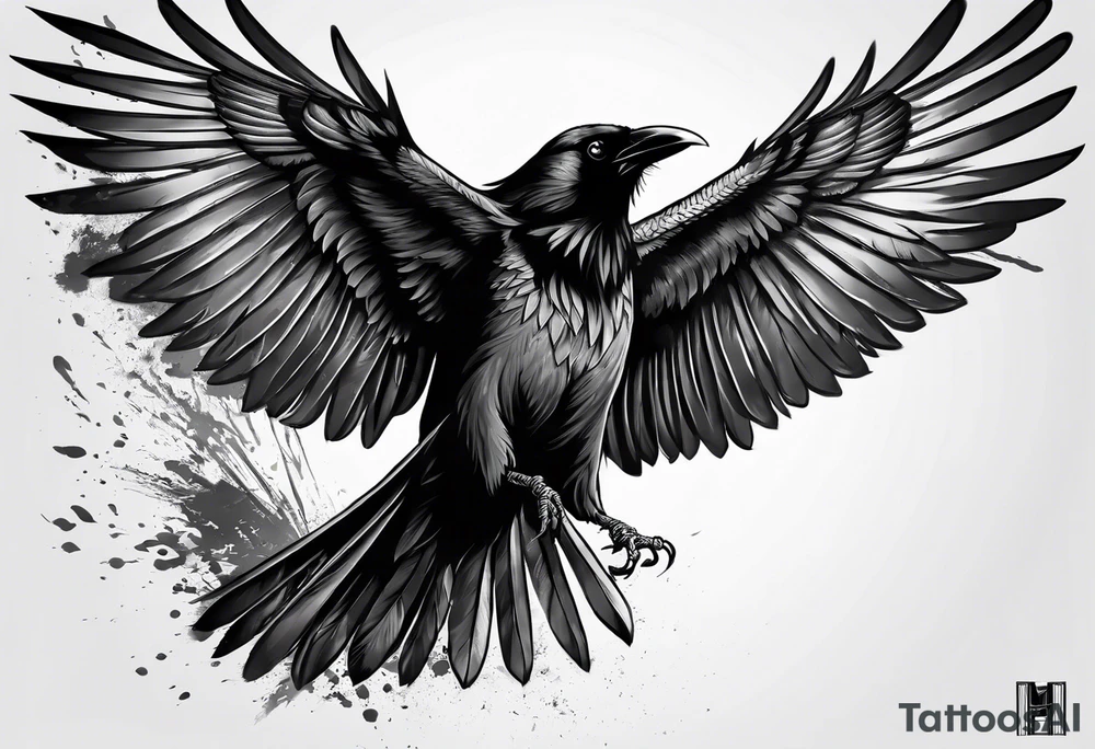 Crow flying staring facing front with wings wide open tattoo idea