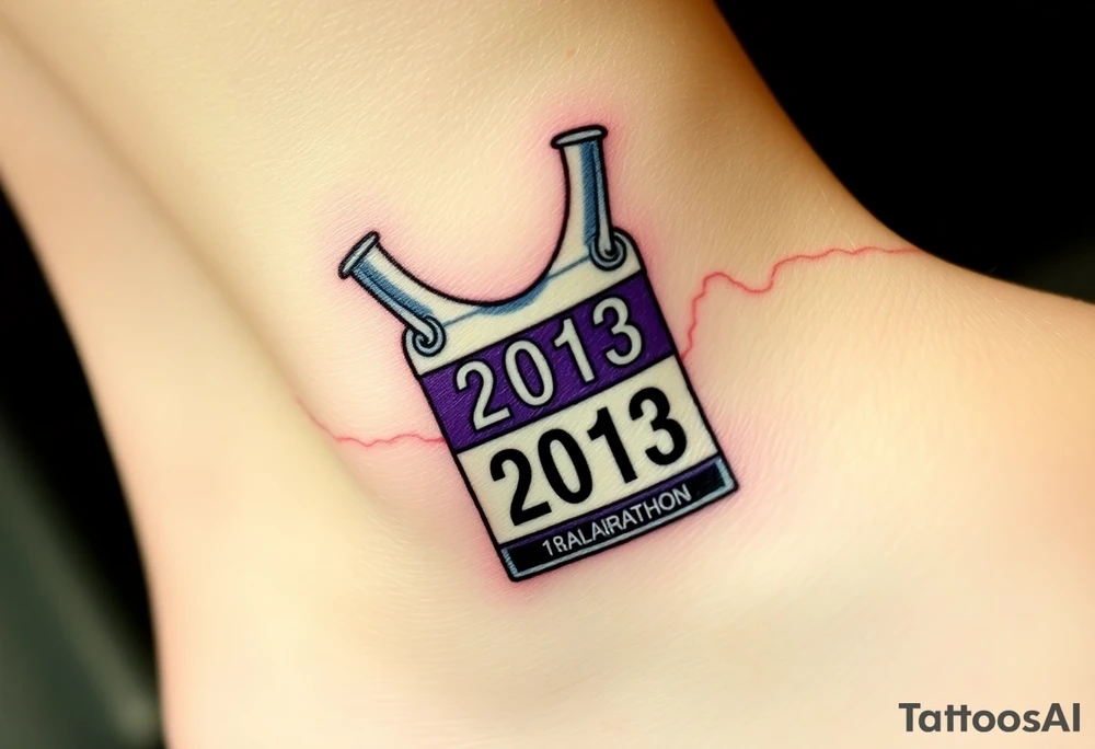 Racing half marathon bib 2013 purple and gold running safety pins piercing the skin running tattoo idea