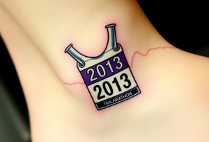 Racing half marathon bib 2013 purple and gold running safety pins piercing the skin running tattoo idea
