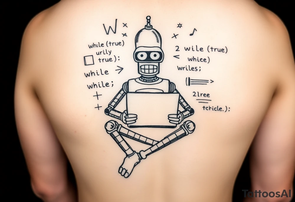 Sketch style tattoo of a robot inspired by Bender from Futurama, sitting cross-legged with a laptop on his lap. Around him are rough, hand-drawn programming symbols like angle brackets, curly braces, and snippets of messy code like 'while (true) {}'. Add sketchy energy lines or sparks, as if he's deeply focused. Black ink only, rough pencil-drawing aesthetic. Designed for shoulder placement tattoo idea