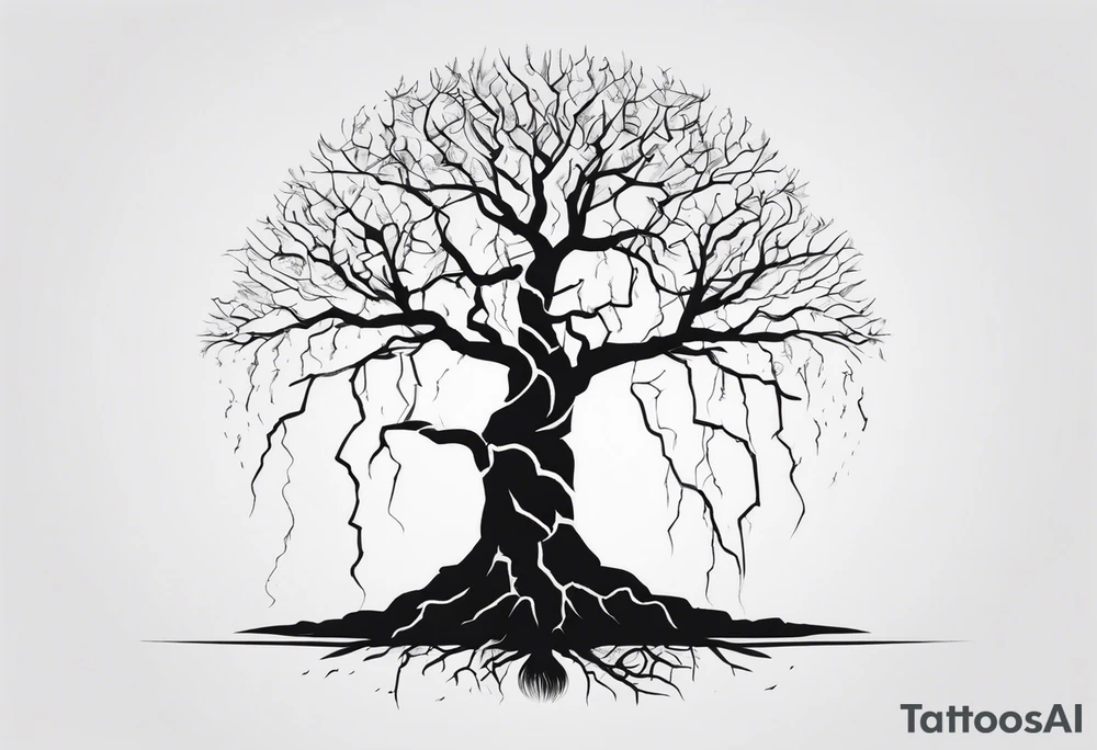 a barron tree struck by lightning, the branches resemble a brain. the ground below the tree is cracked symbolizing the broken connection between creator and creation. victor and frankenstein stand below. tattoo idea